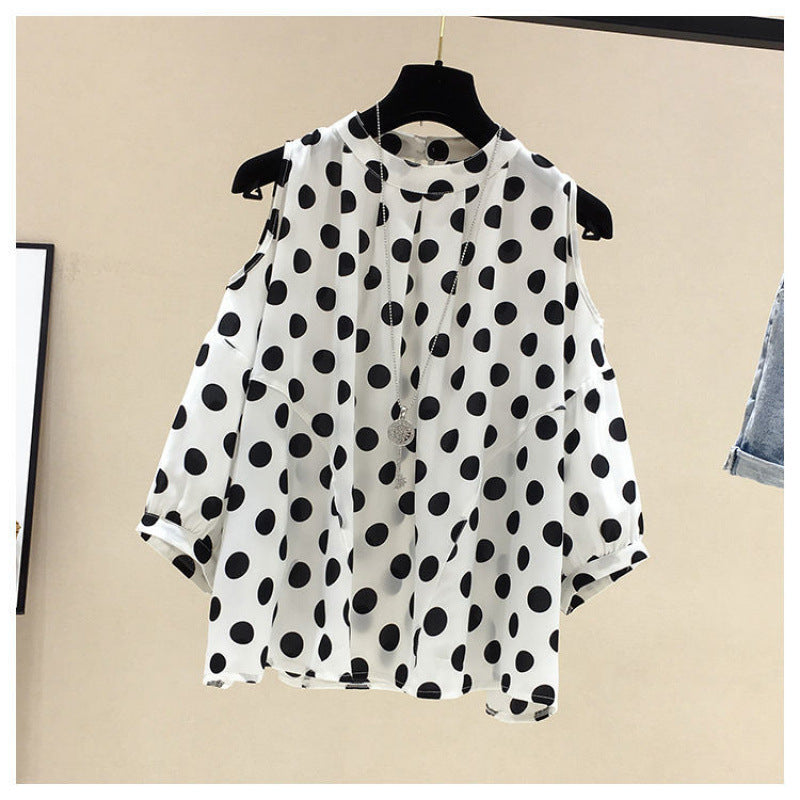 Loose-fitting Figure-flattering Polka-dot Off-shoulder Short-sleeve Chiffon Blouse