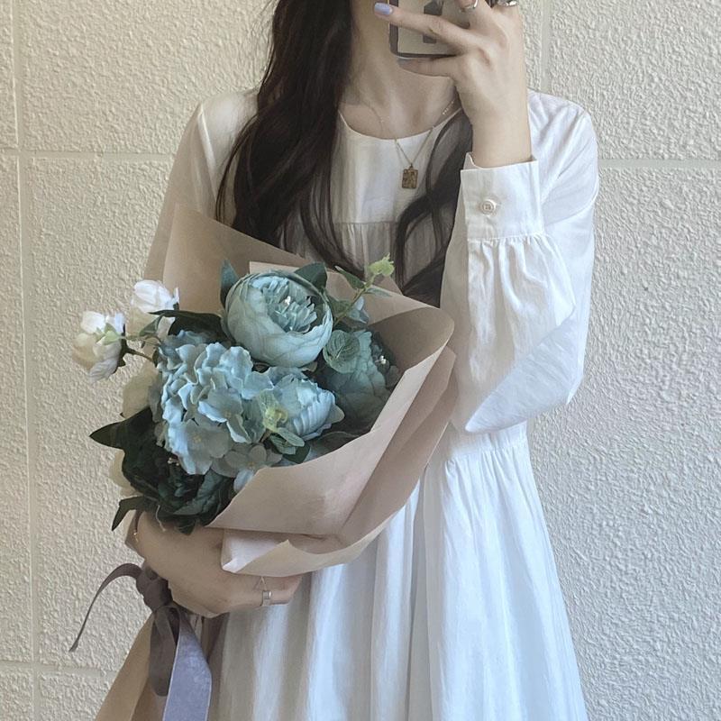 Korean Style Long Sleeve Round Neck Mid-Length Dress