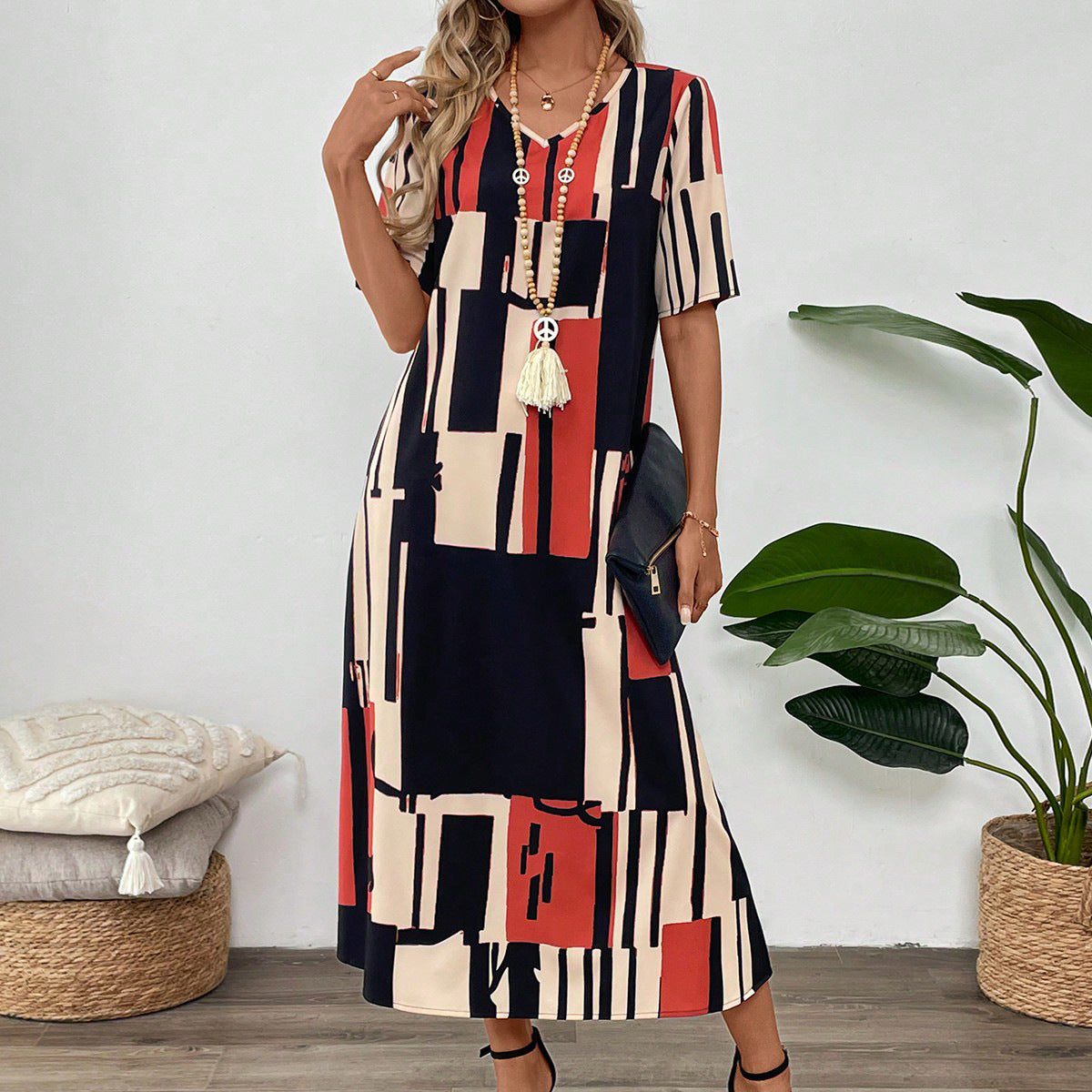 V-neck Printed Short Sleeve Loose Dress
