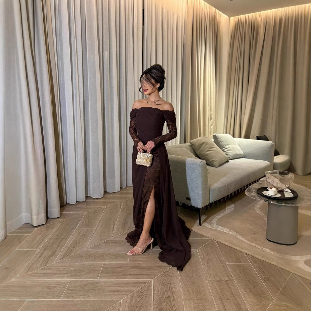 Off-the-shoulder Patchwork Lace Long-sleeve Flared Elegant Vintage Dress