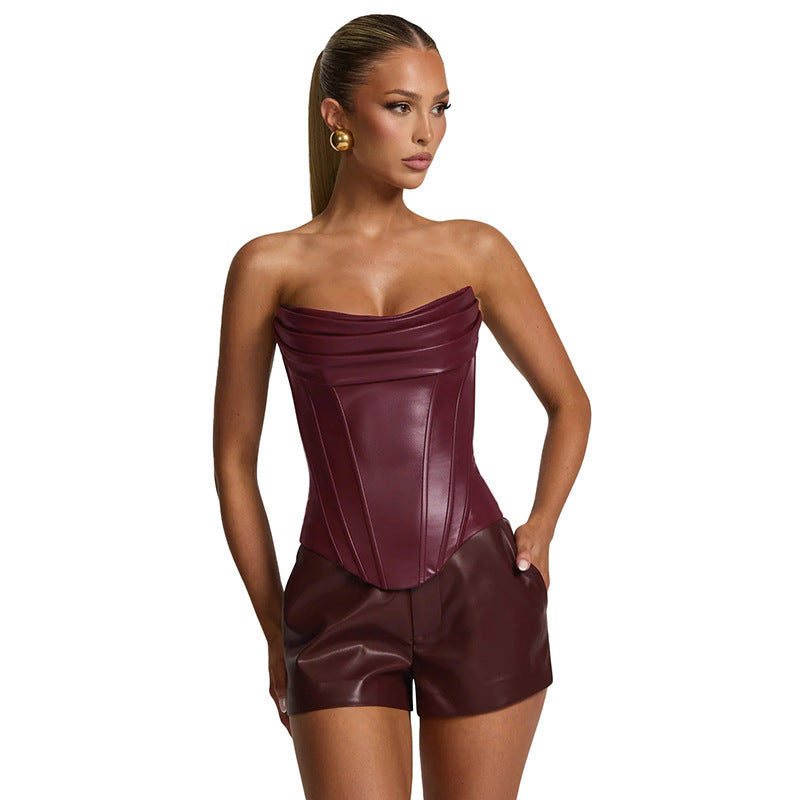 Women's PU Leather Fishbone-Strap Corset Sleeveless Top