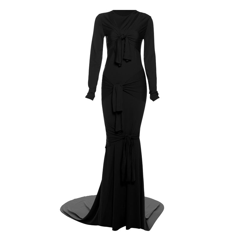 Sexy Figure-hugging Sheer Long-sleeve Solid-color Elegant Gown Dress