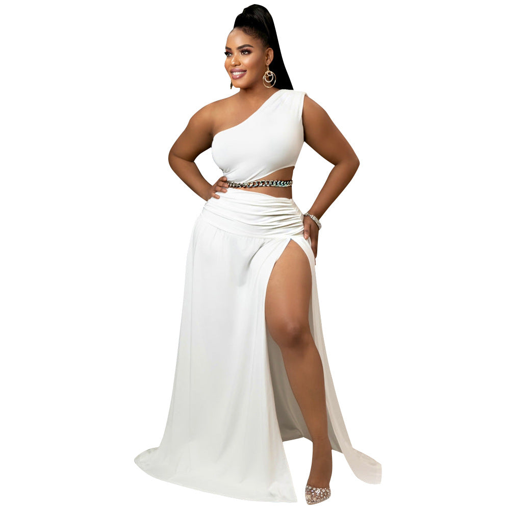Solid-color Off-the-shoulder Sexy Bodycon Two-piece Set