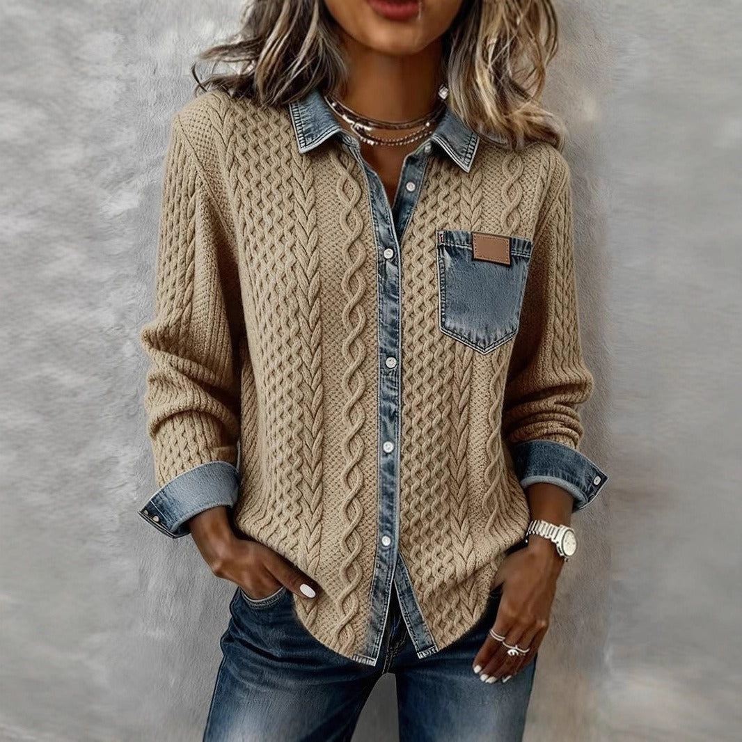 Women's Fashion Knit-and-jean Patchwork Shirt For Fall And Winter