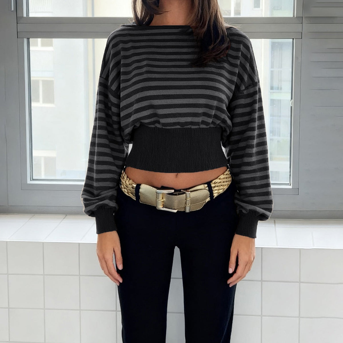 Retro Striped Cropped Top With A Cinched Waist Designslimming And Navel-baring