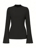 Long Sleeve Round Neck Brushed Sunken Stripe Solid Color Slim Fit Top