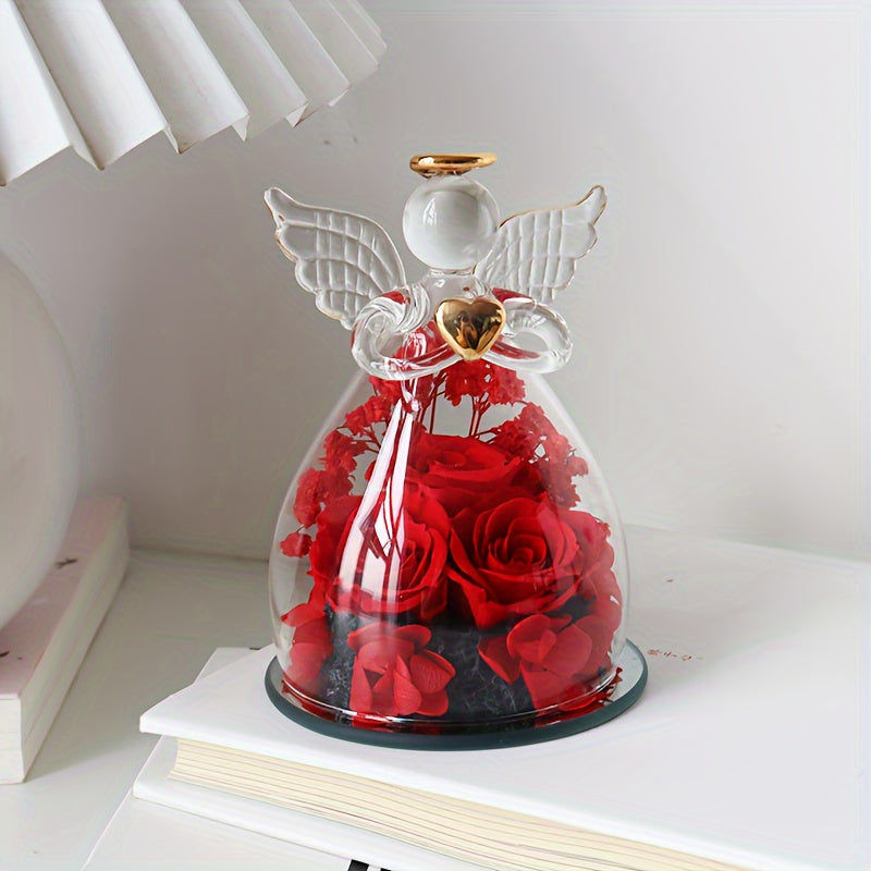 Eternal Red Roses in Glass Dome with Angel Statue – 10.21 × 7.49 cm