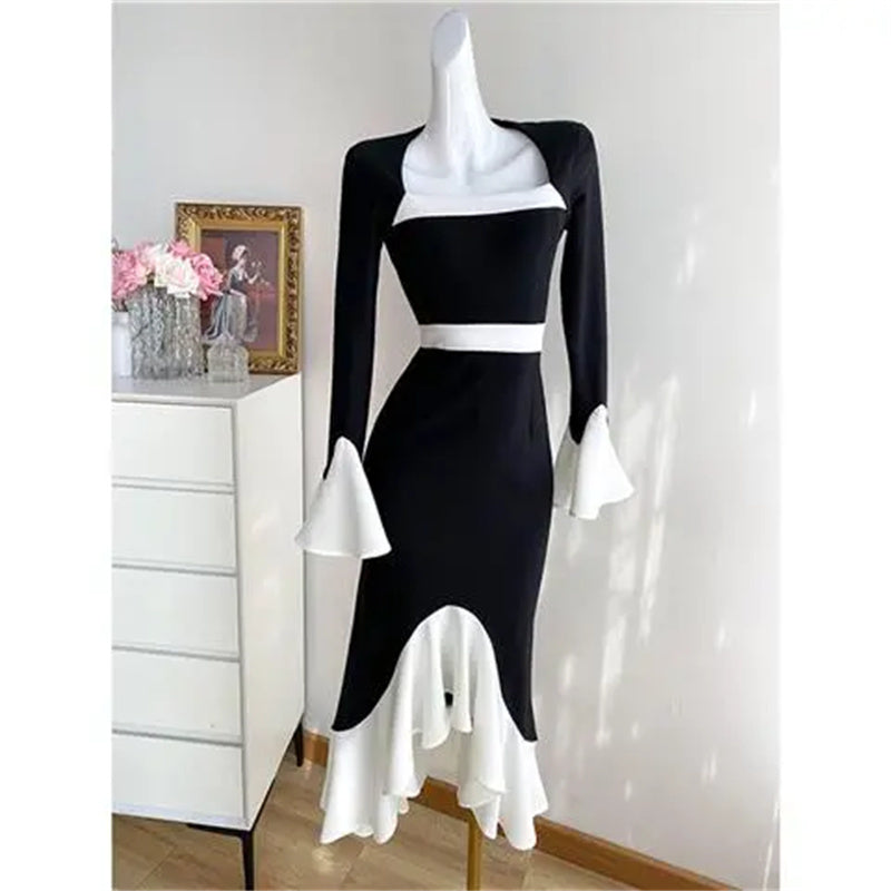 Black Patchwork Fishtail Dress For Women