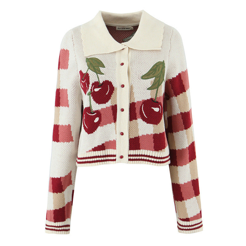 Women's Embroidered Cherry Cropped Sweater Coat