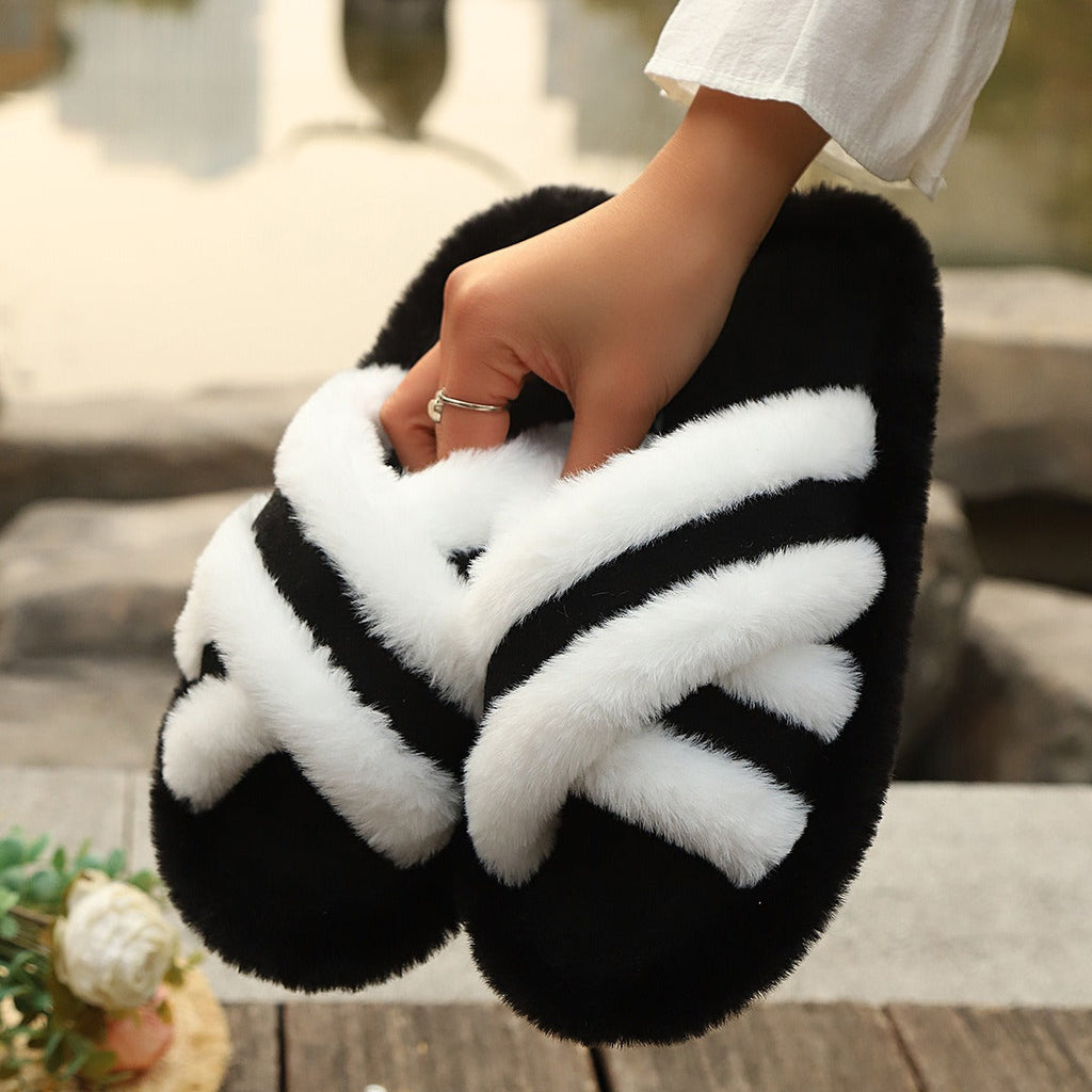 Fluffy Slippers Cross Strap Stitching Warm Casual Platform Slippers