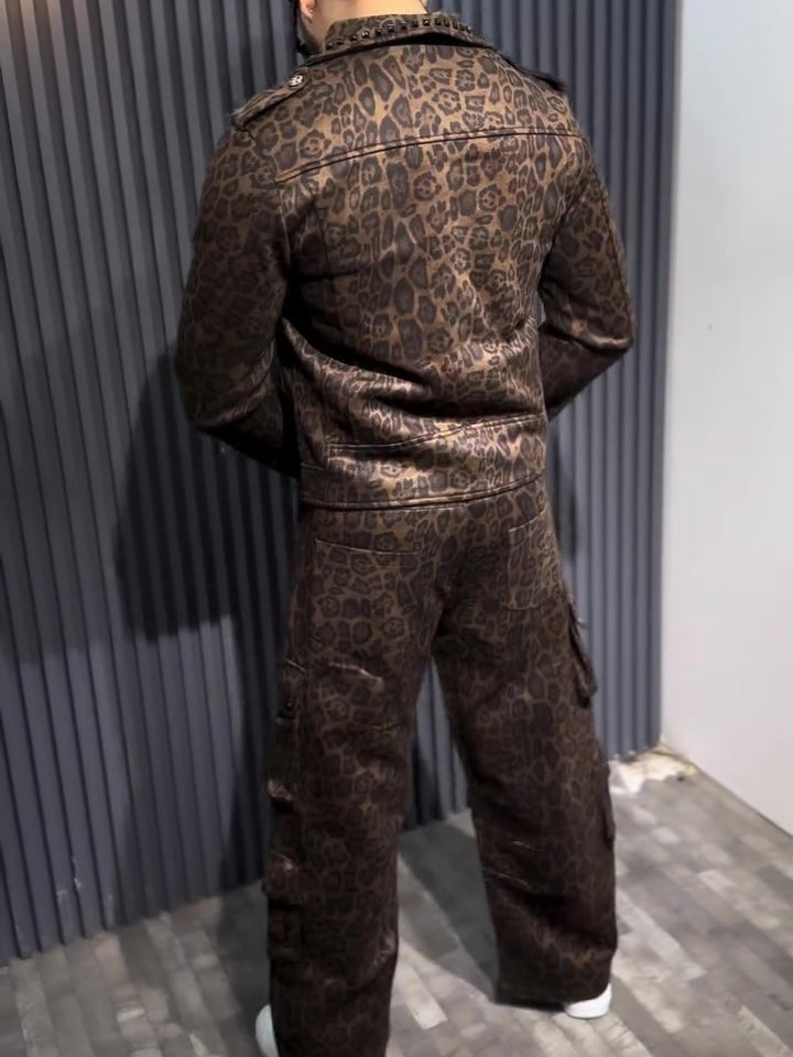 Brown Leopard Print Biker Jacket And Cargo Pants Two-Piece Set