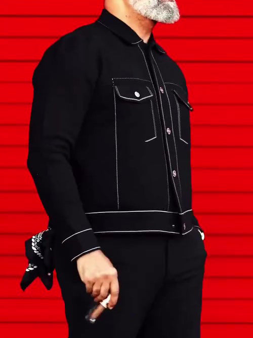 Black Denim Jacket With White Topstitching Detail