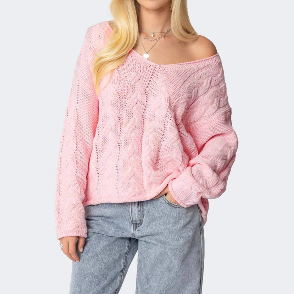Women's V-neck Twist Knitted Pullover Sweater Blouse