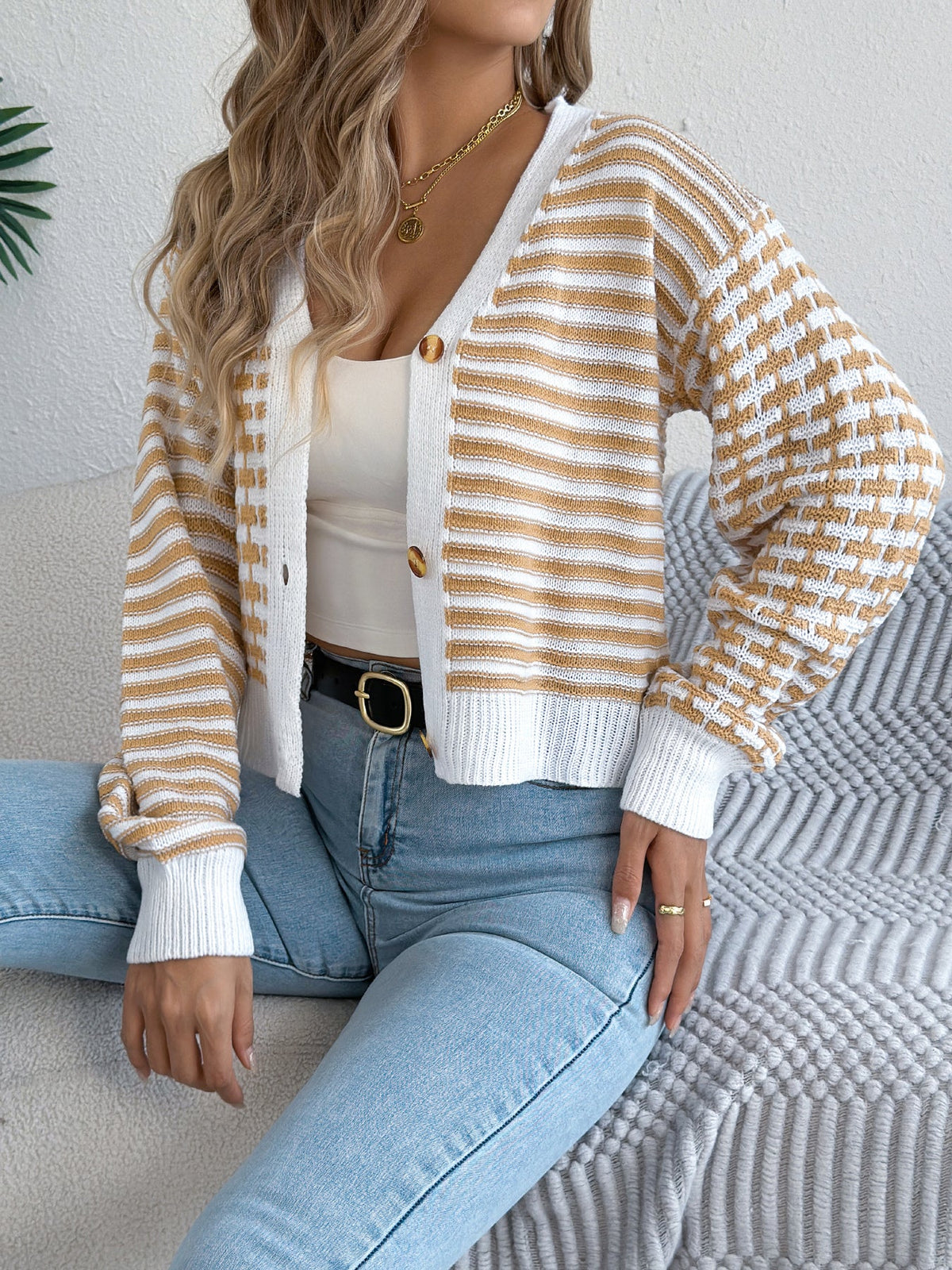 Women Color Block Stripe Lantern Sleeve Short Cardigan Sweater