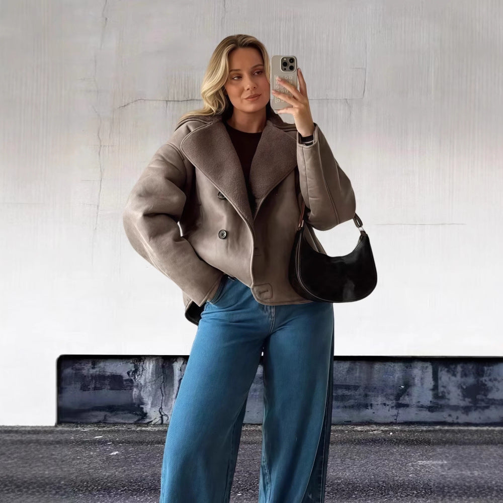 Vintage Lambswool Lapel Long-sleeve Jacket For Women