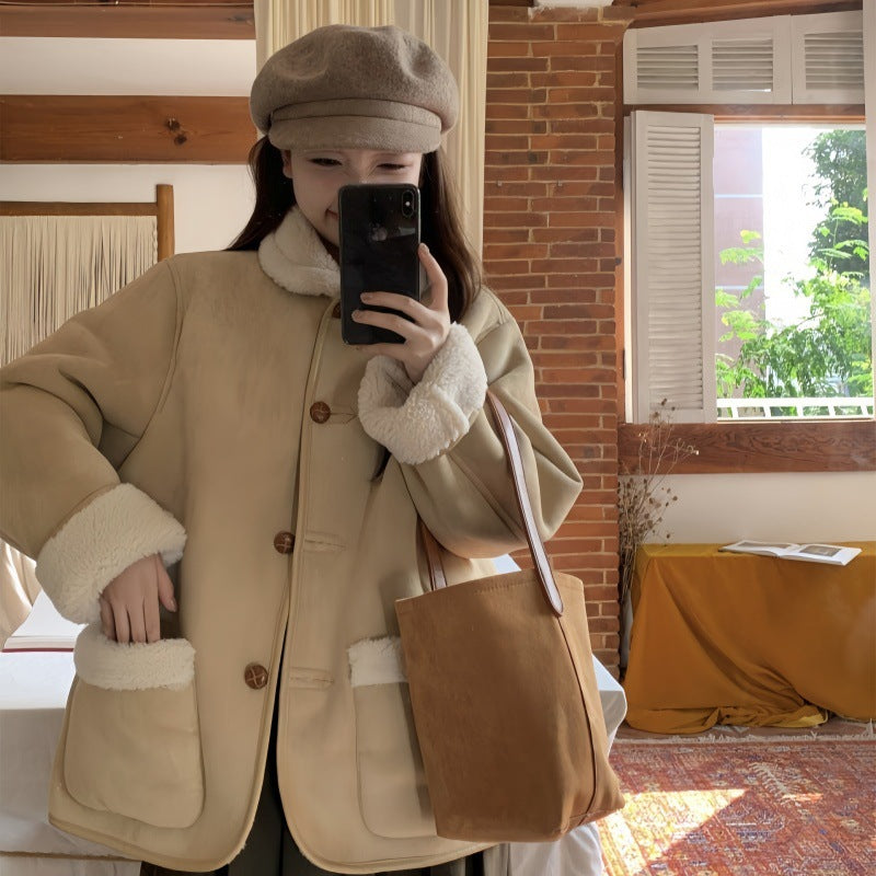 Suede-effect Wool Coat With Dropped Shoulders For Women