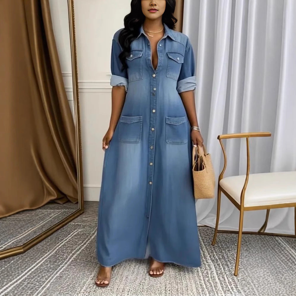 Lapel-collar Washed-and-stitched Patch-pocket Casual Dress