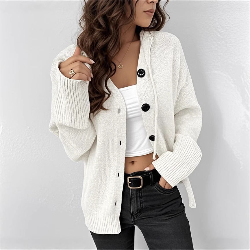 Women's Drawstring Knitted Solid Color Hooded Single-breasted Sweater