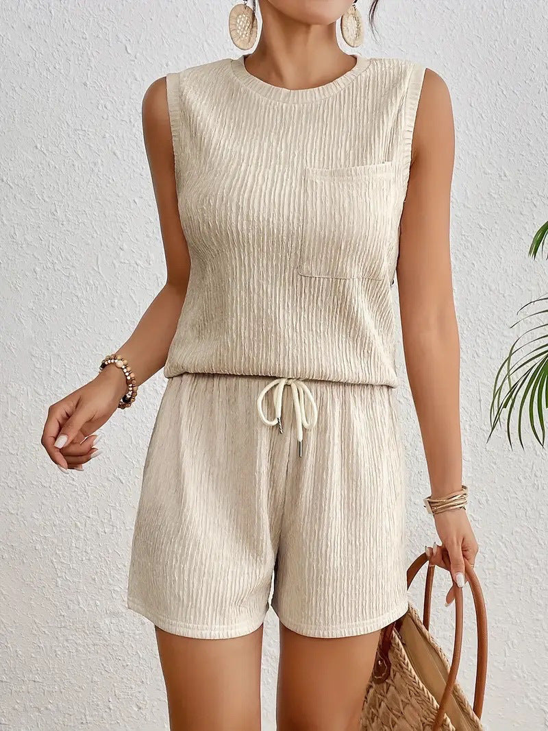 Solid Color Sleeveless Round Neck Vest Shorts Set