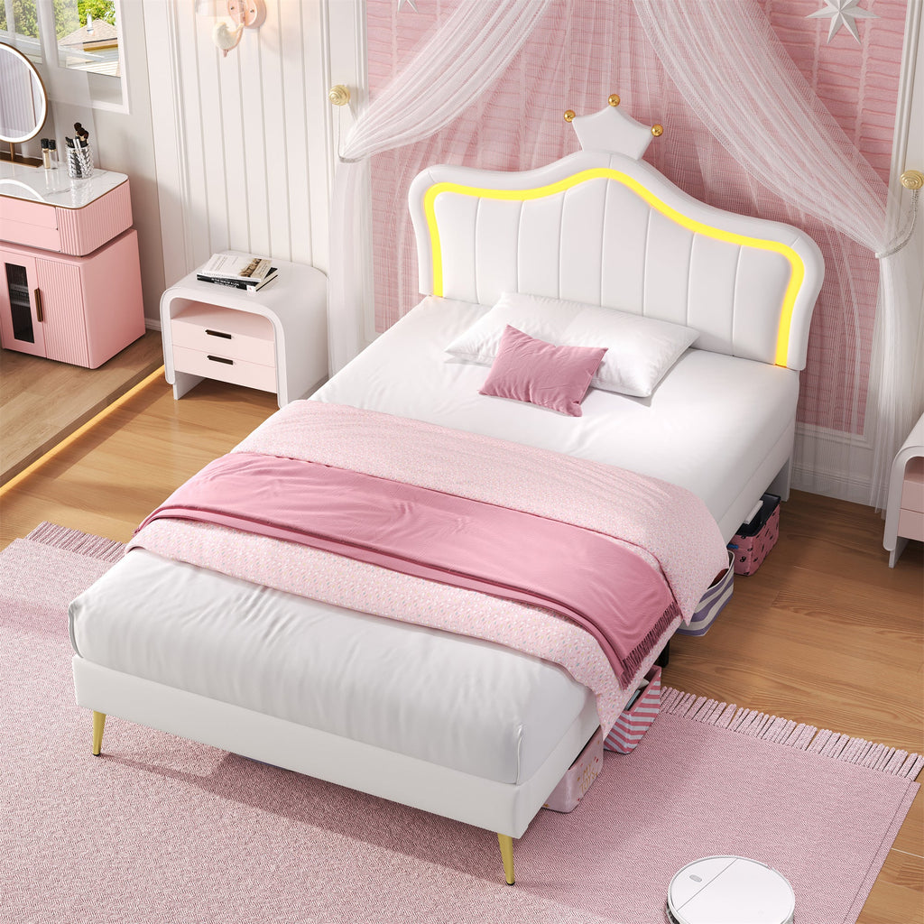 3ft Single Bed with LED Lights Princess Crown Headboard PU Leather Cream White