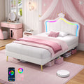 3ft Single Bed with LED Lights Princess Crown Headboard PU Leather Cream White