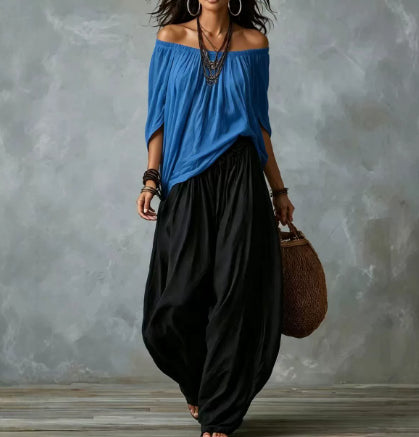 Women's Off-Shoulder Suit Long Sleeve Top And Flare Leg Pants Set - Loose Fit Casual Two Piece Outfit