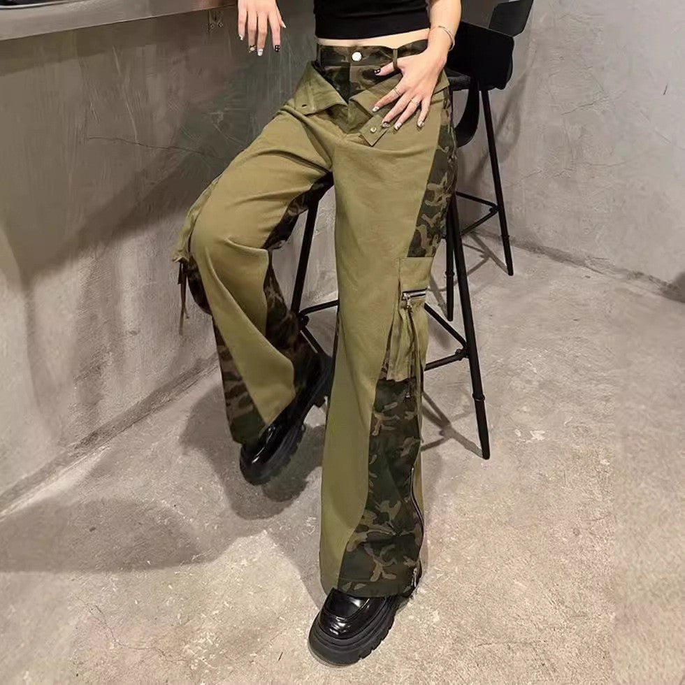 Retro High Waist Tooling Pants Fake Two Stitching Leopard Print Jeans