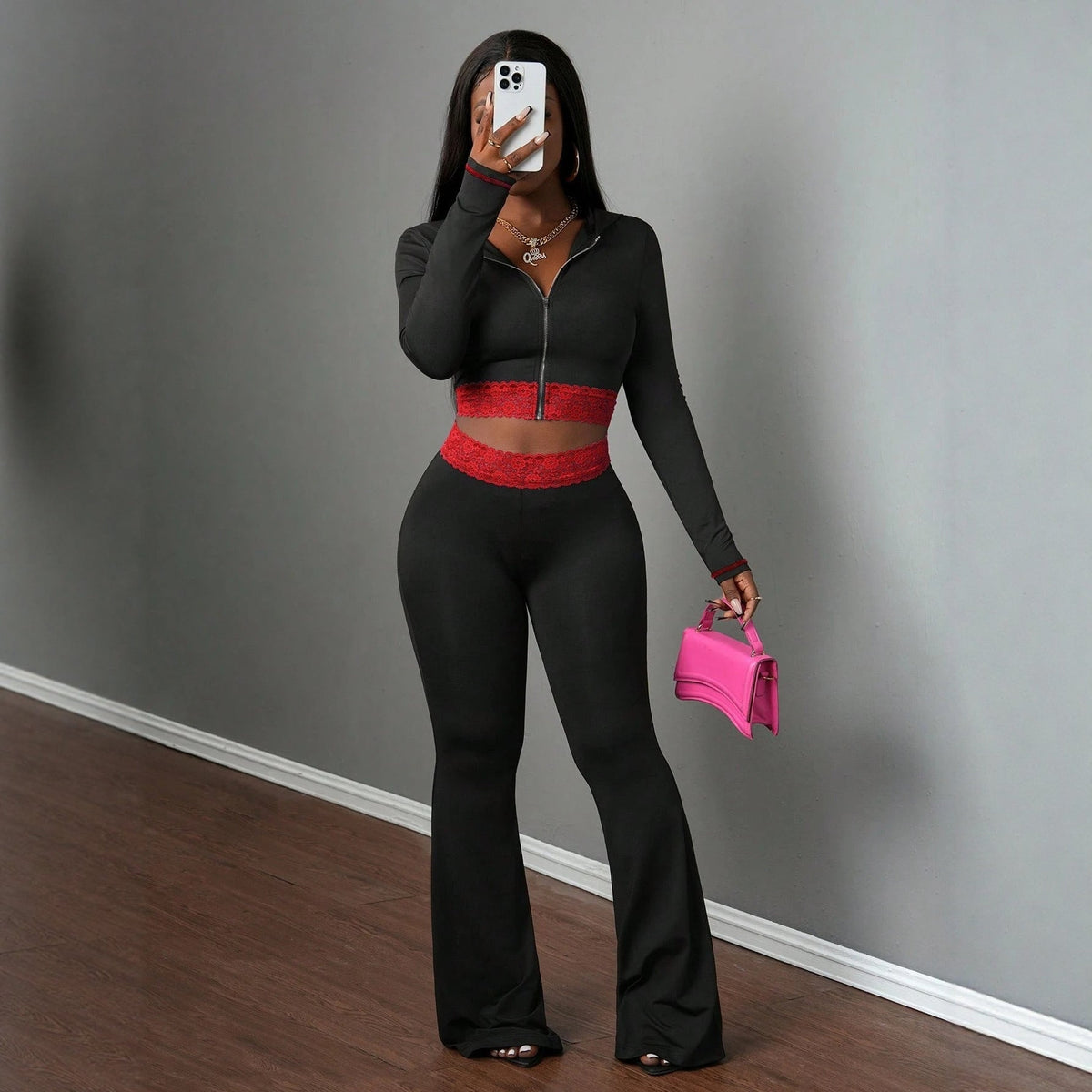 Fashionable Solid-Color Patchwork Lace Casual Jacket And Pants Set