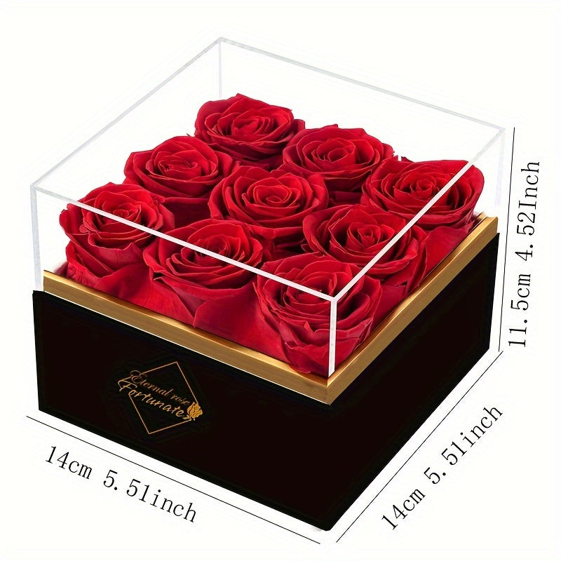 9 Eternal Preserved Roses in White Gift Box with Acrylic Cover