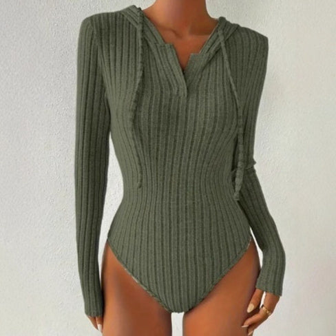 Autumn New Knitted And Emerized Sunken Stripe Hooded Solid Color Jumpsuit