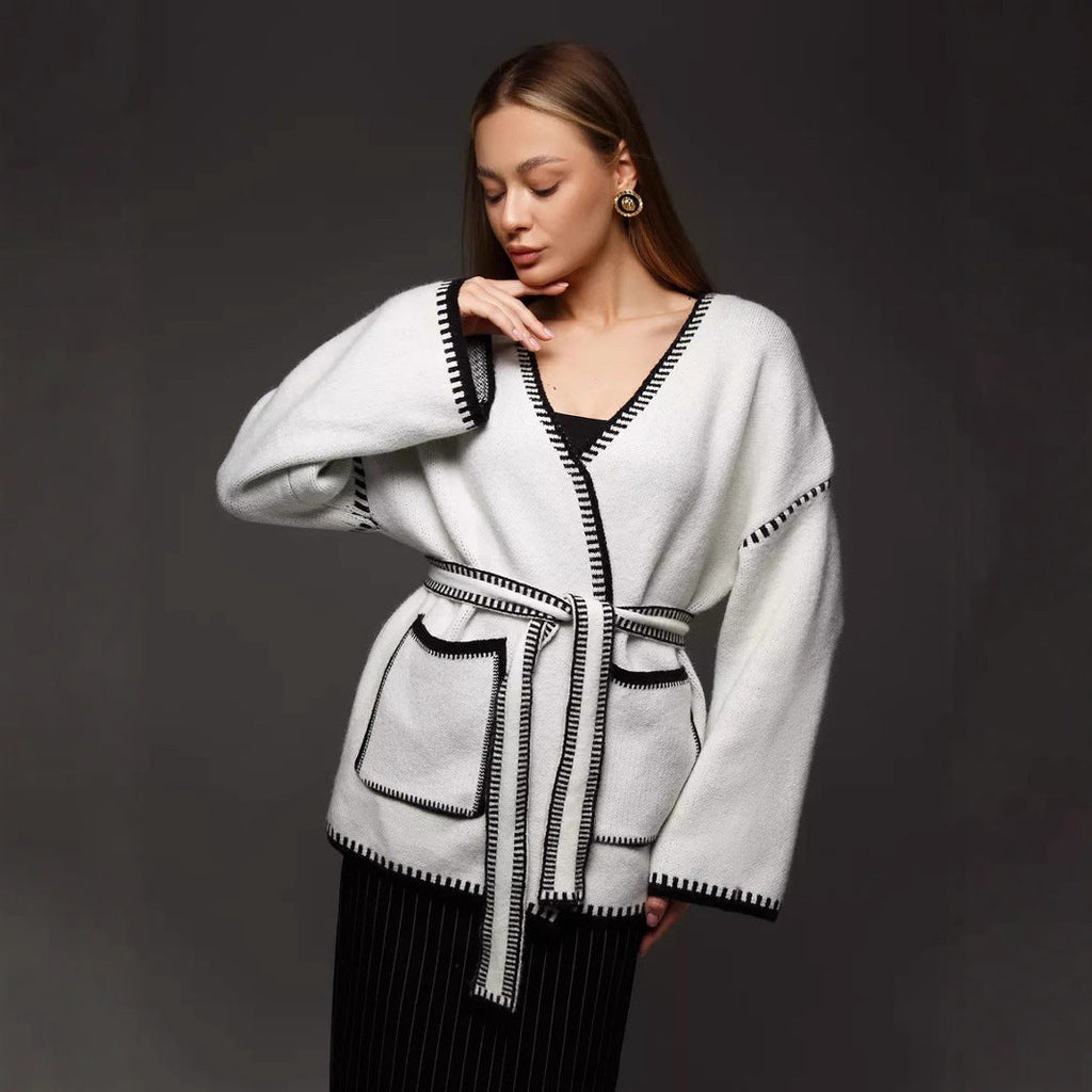 Lace-up Knitted Cardigan Loose Mid-length Sweater Coat