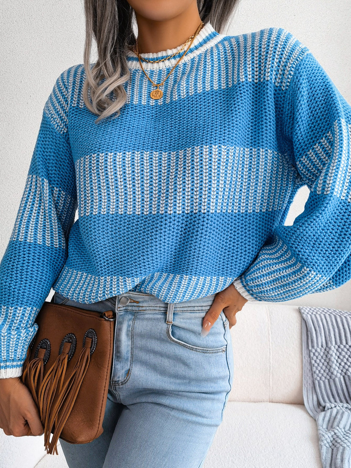 Women Casual Color Block Stripe Long Sleeve Knit Sweater