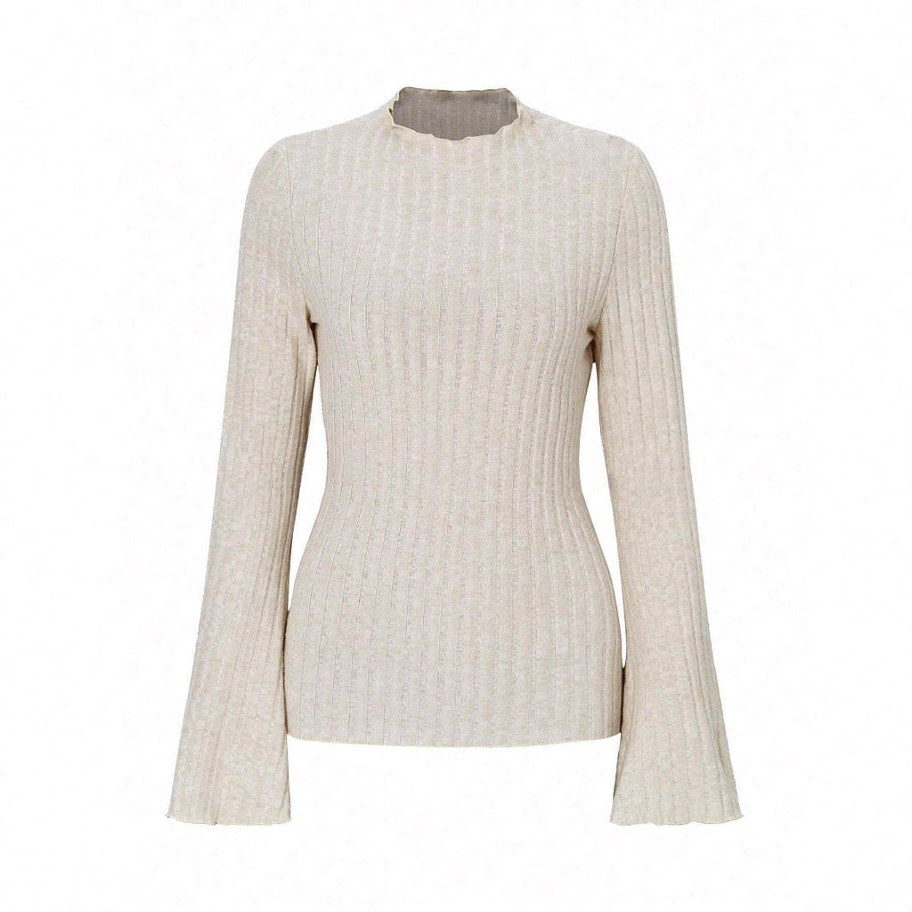 Long Sleeve Round Neck Brushed Sunken Stripe Solid Color Slim Fit Top