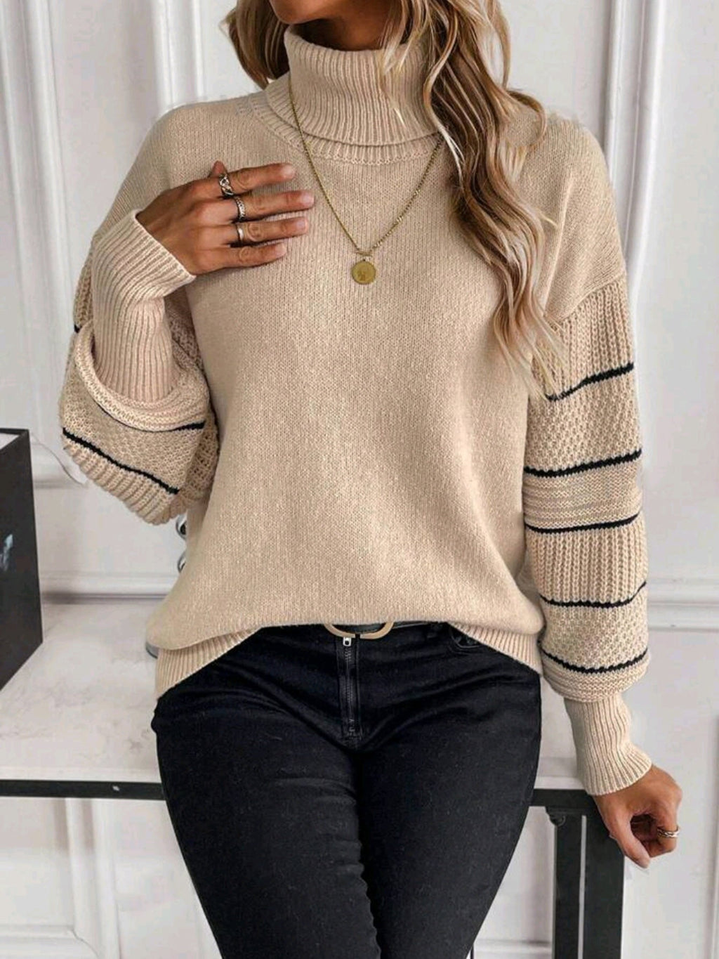 Striped Turtleneck Drop-shoulder Pullover Long Sleeve