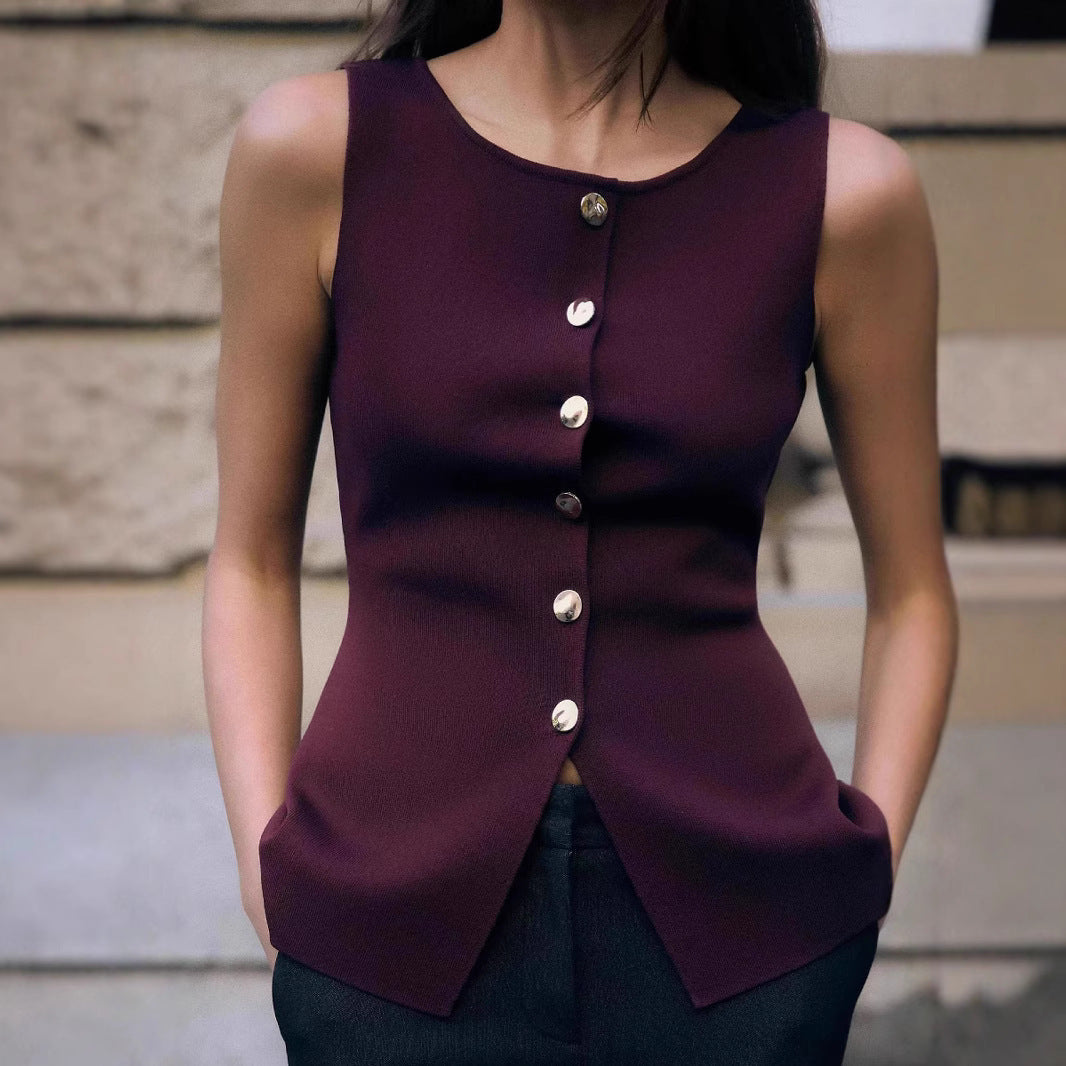 Fashion Plain Gold Button Sweater Vest
