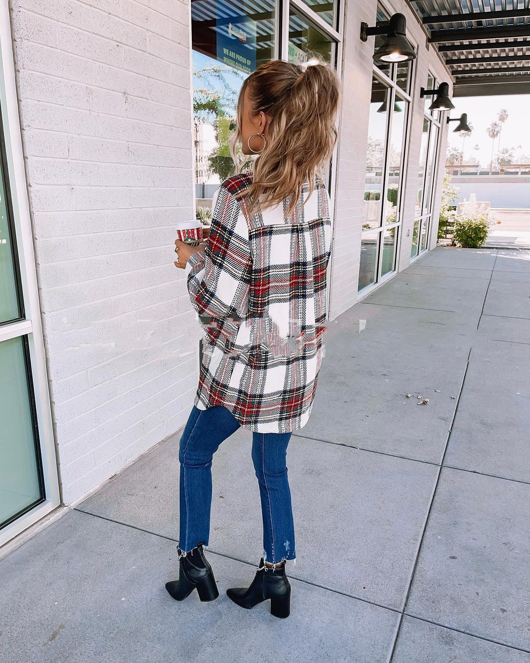 Long Sleeve Loose Women Plaid Coat