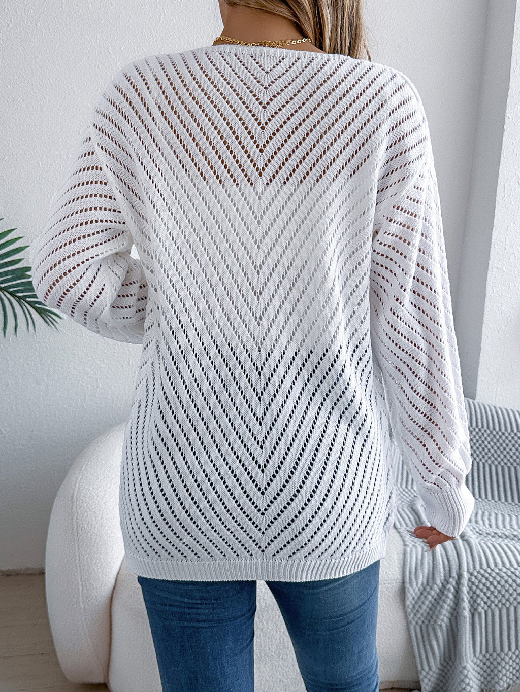 Women Casual Solid Color Hollow Out Long Sleeve Cardigan Sweater