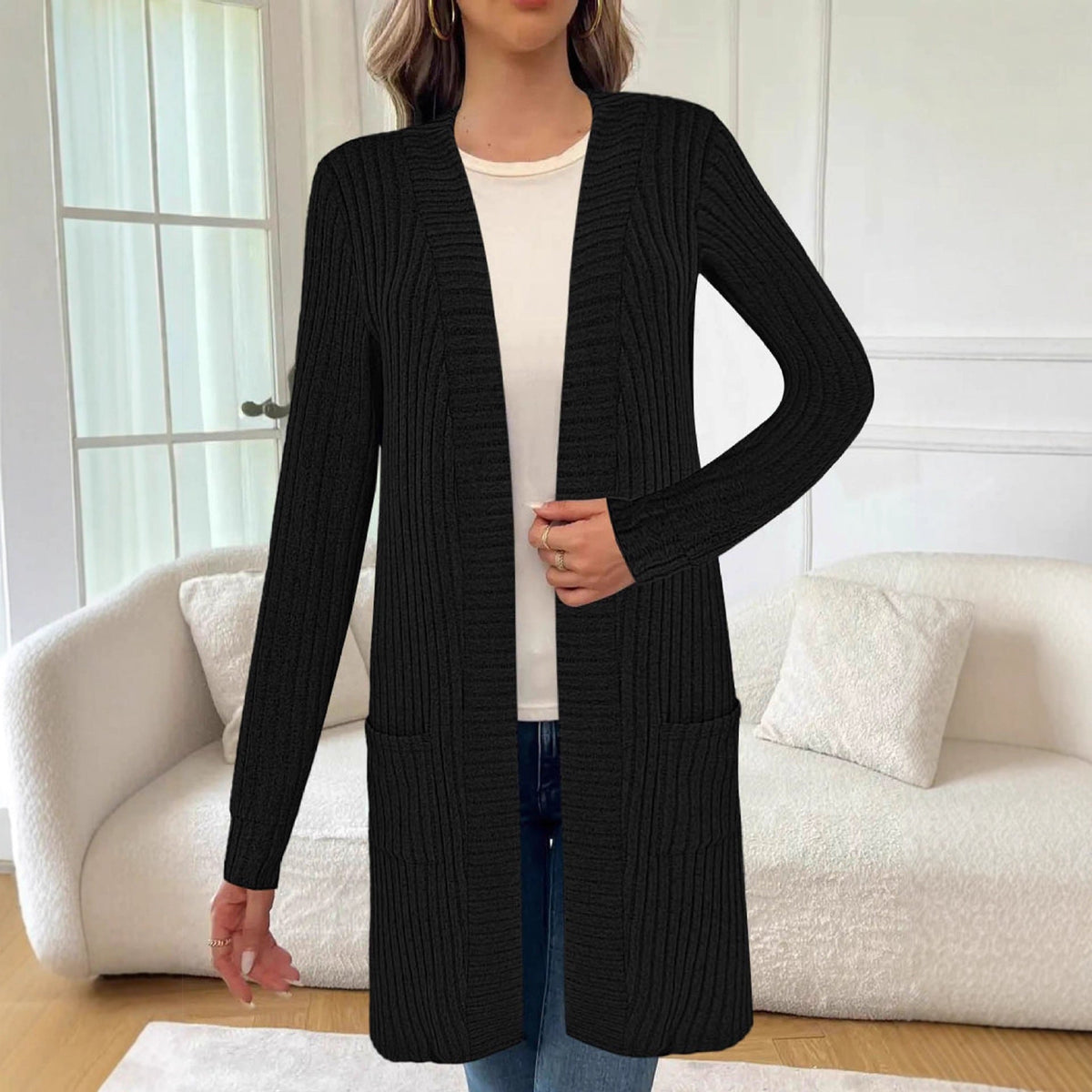 Long Sleeve Loose Pockets Knitted Cardigan Jacket