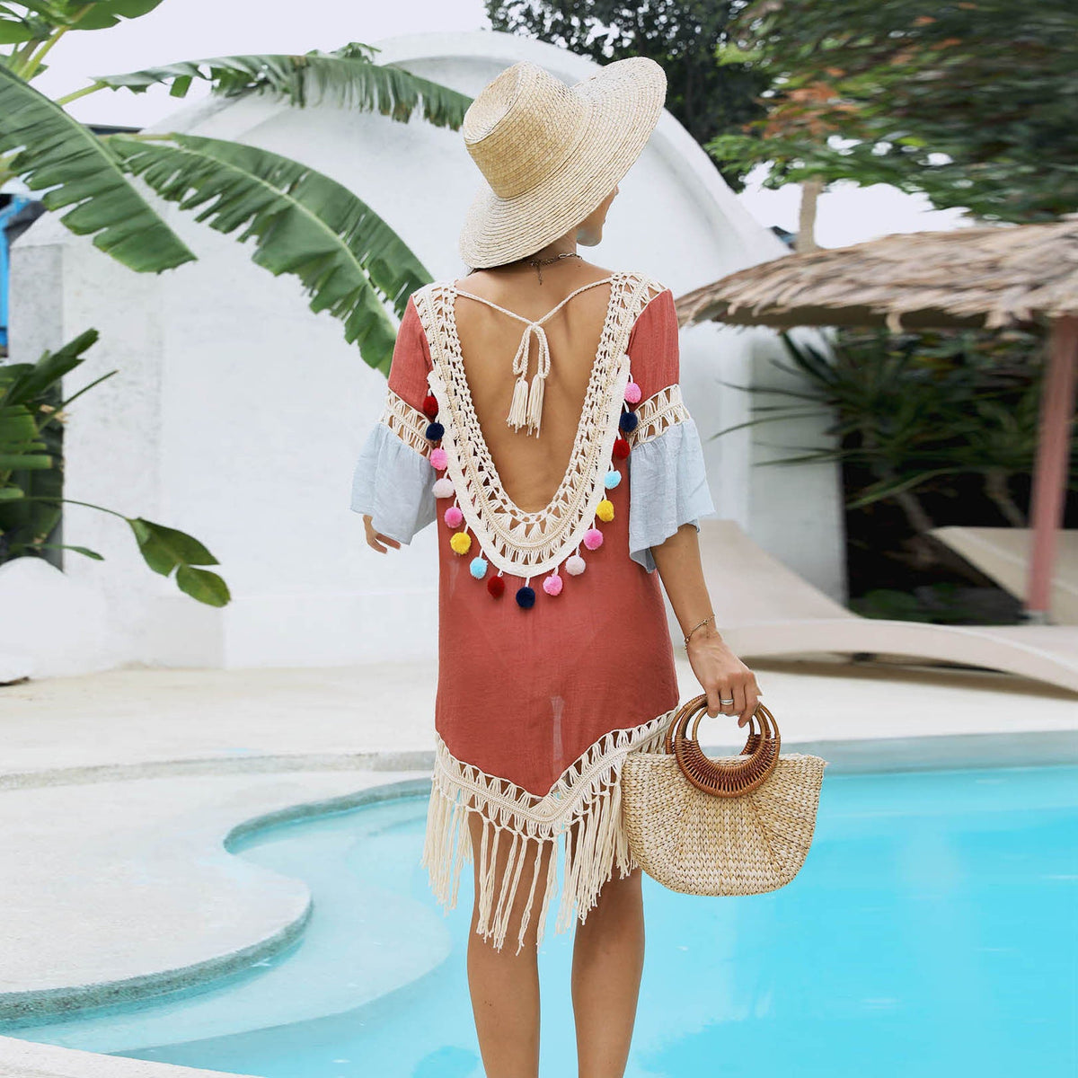 Beach Overclothes Hand Crochet Stitching Bamboo Cotton Tassel Beach Overskirt
