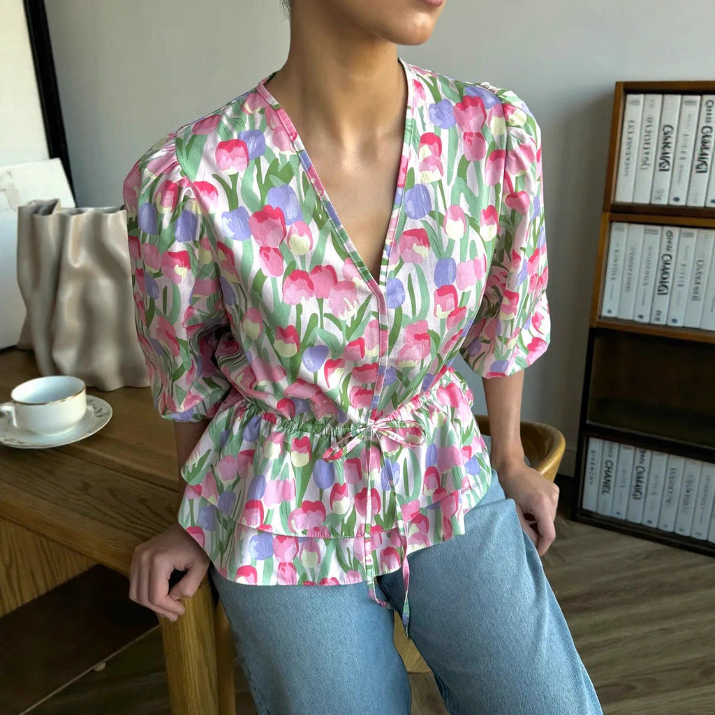 Drawstring Laced Puffed Sleeve V Neck Women's Blouse
