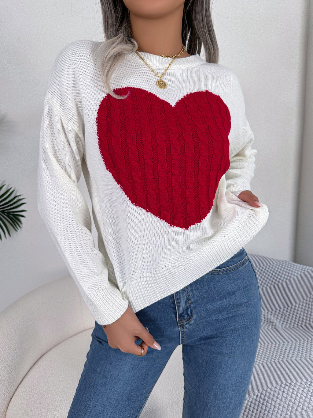 Women Cable Knit Heart Long Sleeve Pullover Sweater