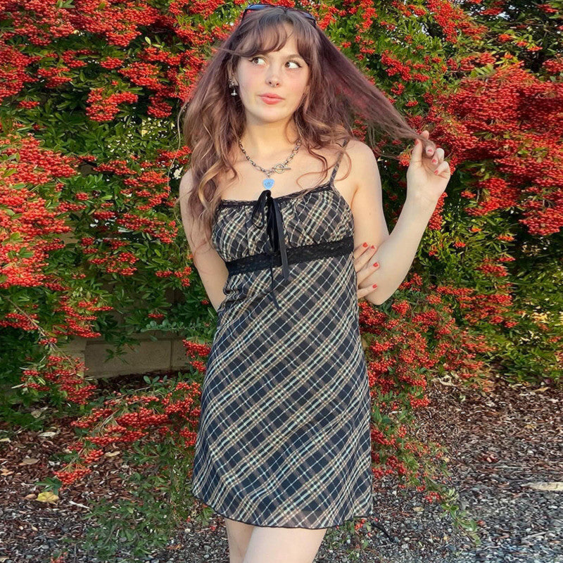 Halter-neck Plaid Slip Dress