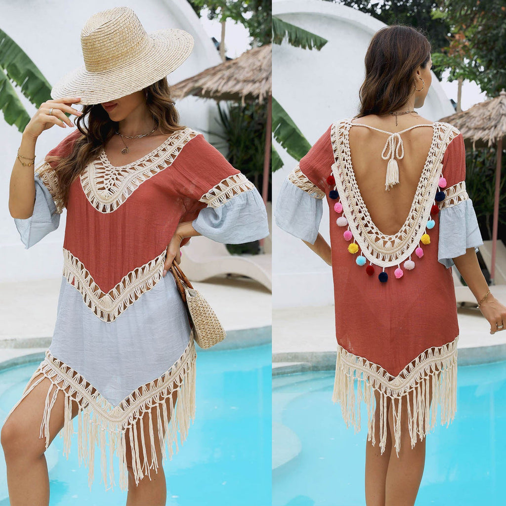 Beach Overclothes Hand Crochet Stitching Bamboo Cotton Tassel Beach Overskirt