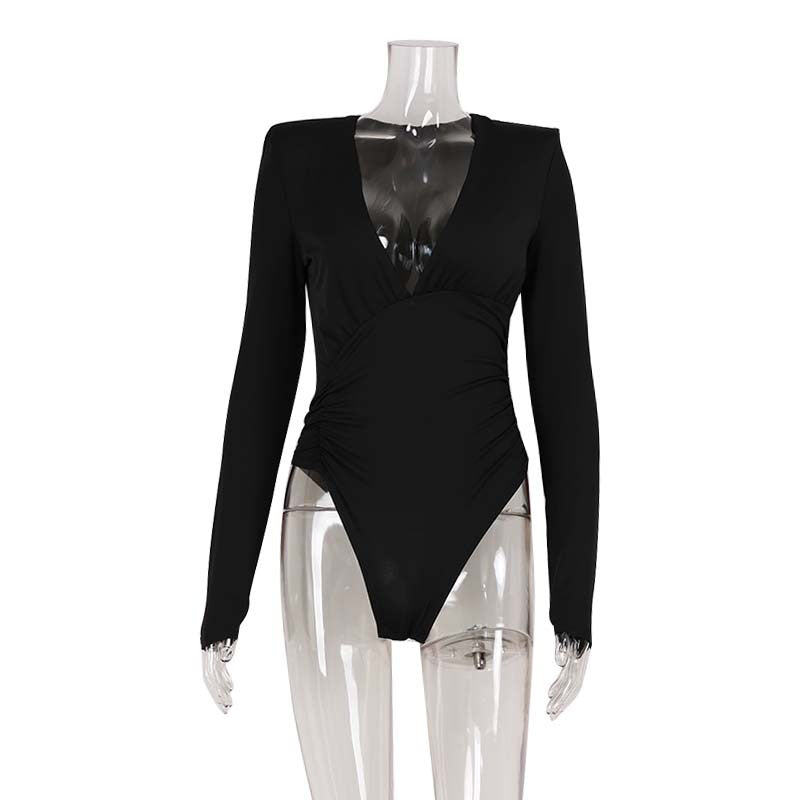 Solid Color High-end Deep V Long-sleeve Padded Shoulder High-elastic Skin-tight Slimming Bodysuit
