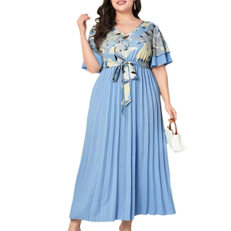 Printed V-neck Spliced Slim-fit Ladies Dress