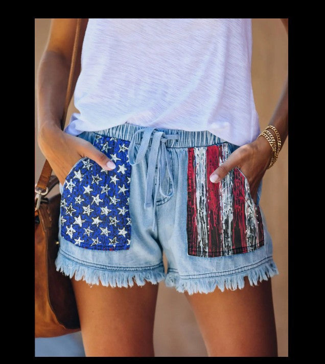 High-waisted Drawstring Fringe Denim Shorts For Women