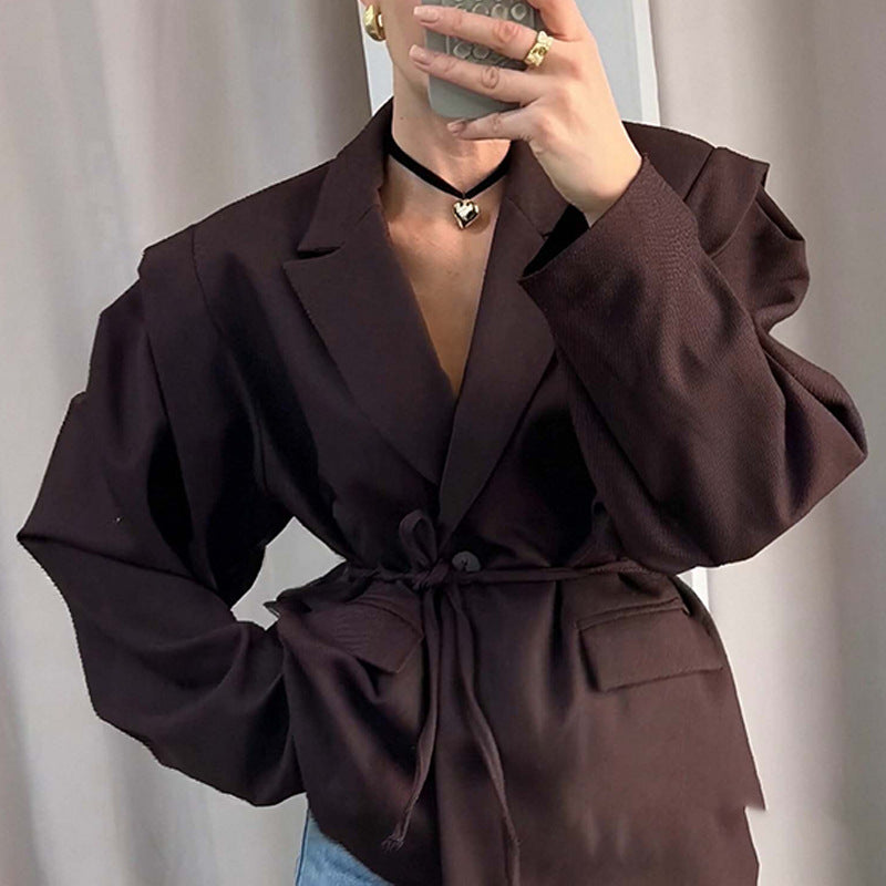 Thin Lace-up Loose All-matching V-neck Coat Women