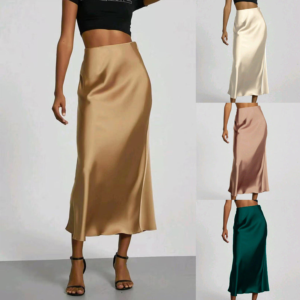 Women's Slim Fit Satin Skirt Fashion Chic Solid Long Skirt