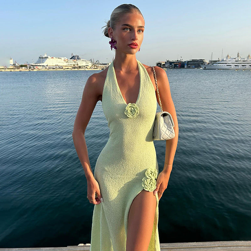 Deep V-neck Backless High Split Sling Dress
