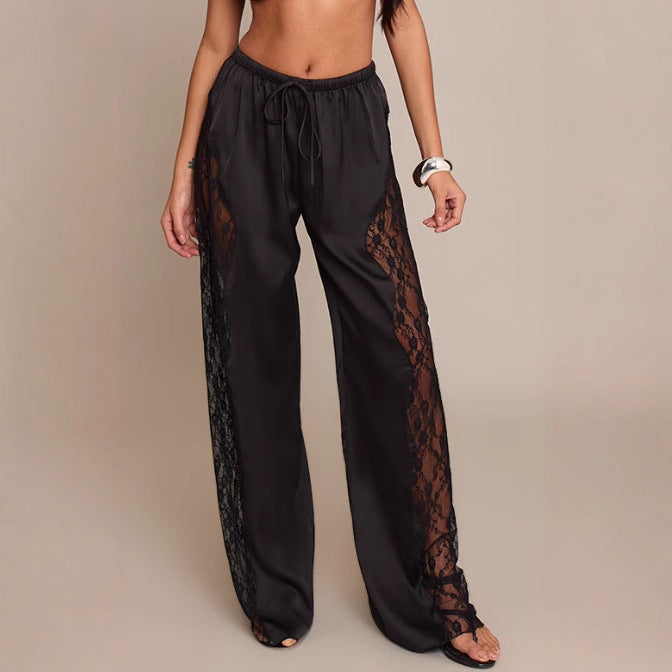 Fashionable Solid Color Sexy Satin Lace Loose Floor Length Pants